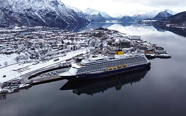 Spirit of Discovery docked in Åndalsnes during winter, Norway